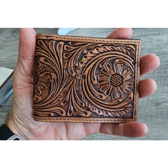 Mens Tan Leather Bi-fold Wallet Floral Tooled by Ranger Belt Company IWR-1B - Picture 10 of 10